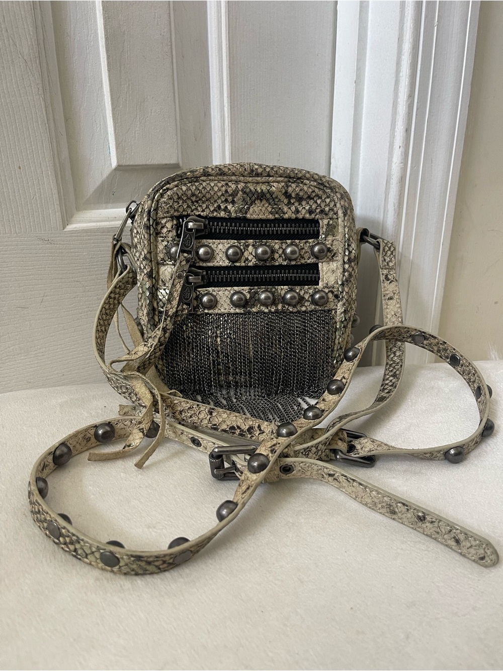 Ash Moxy Python Snakeskin print Leather Studded Crossbody Bag